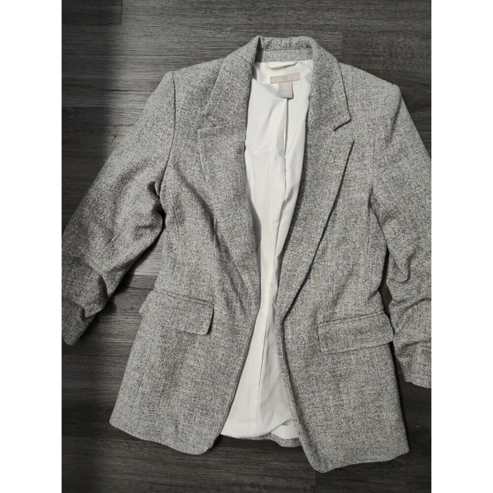 HM H&M formal grey white ruched sleeve suit blazer tailored jacket XS